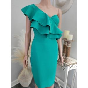 Cocktail G. Céline Green Cold Shoulder Ruffled Bodice Knee Length Dress